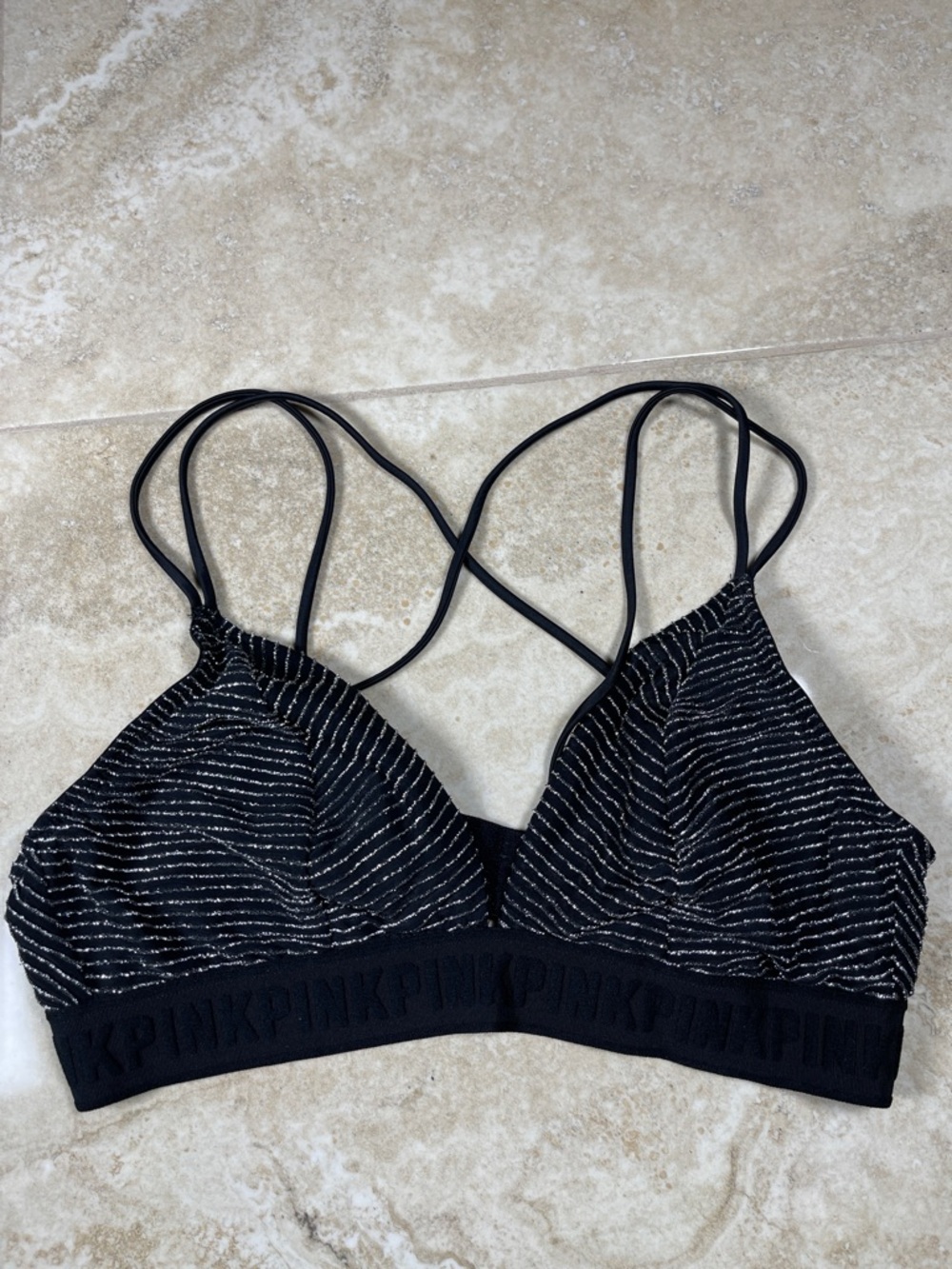 PINK Victoria's Secret Black Bralette with Silver Metallic Thread